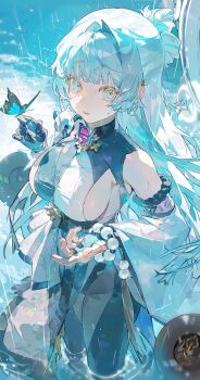 1girl bare_shoulders bead_bracelet beads black_pantyhose blue_eyes bracelet breasts bug butterfly butterfly_brooch butterfly_on_hand commentary cowboy_shot detached_sleeves earrings english_commentary goddess_of_victory:_nikke grey_hair hair_bun hair_intakes half_updo highres insect jewelry long_hair looking_at_viewer mandarin_collar mechanical_arms medium_breasts nayuta_(nikke) pantyhose rain ringed_eyes side_slit sideboob sideless_outfit sidelocks single_hair_bun single_mechanical_arm solo tearing_up thick_eyelashes very_long_hair wading water wide_sleeves wispy_bangs yeej_chan