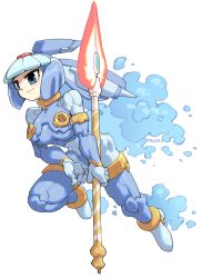 Rule 34 | 1girl, andorlier, android, armor, artist name, blue armor, blue eyes, blue footwear, blue helmet, blush, boots, breasts, colored skin, commentary request, crop top, fairy leviathan (mega man), forehead jewel, helmet, high heel boots, high heels, highres, holding, holding polearm, holding weapon, joints, large breasts, mechanical parts, mega man (series), mega man zero (series), polearm, robot girl, robot joints, simple background, smile, solo, spear, thigh boots, weapon, white background, white skin