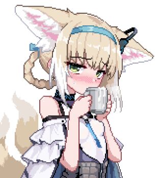 1girl ai-assisted animal_ear_fluff animal_ears arknights bare_shoulders black_choker blonde_hair blue_hairband blush braid cape choker corset cum cum_in_container cum_in_cup cup drink drinking earpiece fox_ears fox_girl gokkun green_eyes hairband highres kitsune loli looking_at_viewer material_growth medium_hair mug multicolored_hair multiple_tails name_tag nervous nose_blush o-ring off_shoulder oripathy_lesion_(arknights) out_of_frame pixel_art rope shimamuraa11451 shimenawa simple_background skin_tight solo suzuran_(arknights) sweatdrop tail two-tone_hair white_background white_hair