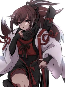 1girl 3ano3 adjusting_scarf arm_guards black_eyes black_hair black_scarf chest_ribbon fate/grand_order fate_(series) haori highres japanese_clothes kawakami_gensai_(fate) kawakami_gensai_(first_ascension)_(fate) long_hair multicolored_hair ponytail scarf simple_background solo streaked_hair white_background white_hair white_haori