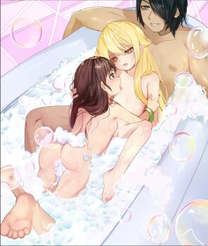 1boy 2girls araragi_koyomi ass bakemonogatari bath bathtub bisexual_female black_hair blonde_hair blush brown_eyes completely_nude convenient_censoring feet ffm_threesome flat_chest group_sex hachikuji_mayoi hetero highres licking licking_nipple loli long_hair meemz_a monogatari_(series) multiple_girls nipple_stimulation nipples nude oshino_shinobu pointy_ears pussy shared_bathing short_hair smile soap_bubbles thighs threesome toes yellow_eyes