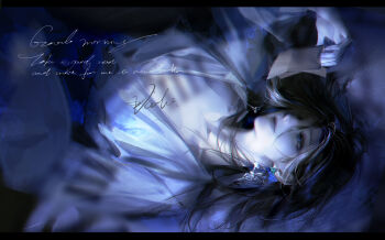 1girl absurdres adela_(path_to_nowhere) black_hair blue_eyes english_text highres holding holding_paper light_smile lying multicolored_hair on_back paper path_to_nowhere short_hair sleeptight solo streaked_hair upper_body