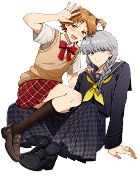 2boys absurdres black_sailor_collar black_shirt black_shoes black_skirt black_socks blush bow bowtie braid brown_eyes brown_shoes brown_sweater_vest closed_mouth commentary crossdressing crossdressing_(mtf) embarrassed food-themed_hair_ornament full_body ghost_gn8 grey_eyes grey_hair hair_ornament hanamura_yousuke hand_on_another's_shoulder hand_on_ground hand_up highres houndstooth kneehighs knees_apart_feet_together loafers long_hair long_skirt long_sleeves looking_at_viewer looking_to_the_side male_focus multiple_boys narukami_yu neckerchief one_side_up open_mouth orange_hair persona persona_4 plaid_clothes plaid_skirt pleated_skirt red_bow red_bowtie red_skirt sailor_collar school_uniform shirt shoes short_hair short_sleeves signature simple_background sitting skirt smile socks strawberry_hair_ornament sweatdrop sweater_vest swept_bangs symbol-only_commentary twin_braids white_background white_shirt yasogami_school_uniform yellow_neckerchief