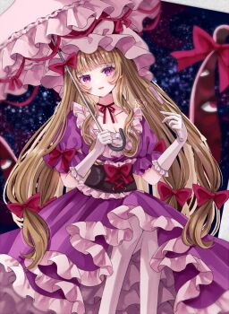 1girl blonde_hair breasts cleavage collarbone cowboy_shot crossed_legs dress gloves holding holding_umbrella jaku_sono large_breasts parasol portal_(object) purple_dress purple_eyes solo touhou umbrella white_gloves yakumo_yukari