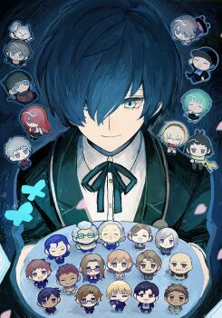 Rule 34 | 6+boys, 6+girls, aigis (persona), amada ken, andre roland jean gerard, aragaki shinjirou, black jacket, blue background, blue butterfly, blue eyes, blue hair, blue ribbon, bug, butterfly, chibi, chibi on shoulder, closed mouth, commentary request, dress shirt, everyone, falling petals, fushimi chihiro, gekkoukan high school uniform, hair between eyes, hair over one eye, hayase mamoru, highres, hiraga keisuke, holding, holding tray, insect, iori junpei, jacket, kamiki akinari, kirijou mitsuru, kitamura bunkichi, kitamura mitsuko, koromaru (persona), looking at viewer, male focus, miyamoto kazushi, mochizuki ryouji, multiple boys, multiple girls, mutatsu (persona), nishiwaki yuuko, nu prsn, odagiri hidetoshi, oohashi maiko, open clothes, open jacket, persona, persona 3, petals, pink petals, president tanaka, ribbon, sanada akihiko, school uniform, shirt, smile, solo focus, suemitsu nozomi, takeba yukari, tomochika kenji, toriumi isako, tray, white shirt, yamagishi fuuka, yuuki makoto (persona 3)