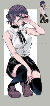 1girl black_ribbon black_shorts black_thighhighs blue_eyes breasts brown_shoes chainsaw_man comparison dress grey_background hair_bun hand_on_own_knee kinakomochi_(user_vedc2333) large_breasts looking_at_viewer neck_ribbon purple_hair reference_inset reze_(chainsaw_man) ribbon shirt shoes short_hair shorts sleeveless sleeveless_dress smile squatting thighhighs white_shirt