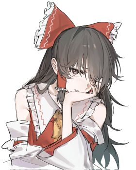 1girl ascot bare_shoulders bow brown_eyes brown_hair commentary detached_sleeves frilled_bow frilled_hair_tubes frills hair_bow hair_over_one_eye hair_tubes hakurei_reimu head_on_hand head_rest highres long_hair looking_at_viewer red_bow simple_background solo takoyaki5221 touhou upper_body white_background yellow_ascot