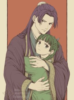 Rule 34 | 1boy, 1girl, blue eyes, blunt bangs, bun cover, chara no7, couple, freckles, furrowed brow, green hair, green shirt, hair bun, hair ribbon, half updo, hetero, hug, jinshi (kusuriya no hitorigoto), kusuriya no hitorigoto, light frown, long hair, maomao (kusuriya no hitorigoto), parted bangs, pillarboxed, purple eyes, purple hair, purple robe, red background, ribbon, robe, shirt, twitter username, wide sleeves