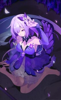 1girl absurdres bare_shoulders breasts bug butterfly butterfly_ornament castorice_(honkai:_star_rail) commentary_request dress gloves hair_over_one_eye highres honkai:_star_rail honkai_(series) insect large_breasts long_hair looking_at_viewer pointy_ears purple_butterfly purple_dress purple_eyes purple_gloves purple_hair shinakou sitting solo wariza