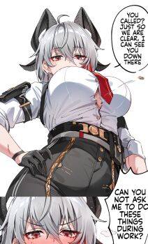 1girl ahoge black_gloves black_horns black_pants blush breasts button_gap chest_harness commentary cowboy_shot cropped curled_horns derivative_work earrings english_text flying_button foxyreine from_below gloves grey_hair hair_between_eyes half_gloves hand_on_own_hip harness high-waist_pants highres horns jewelry large_breasts looking_at_viewer looking_down mole mole_under_eye multicolored_hair necktie pants popped_button red_eyes red_necktie scar scar_on_arm shirt signature simple_background standing streaked_hair tight_clothes tight_pants underboob wardrobe_malfunction watermark web_address white_background white_shirt wuthering_waves zani_(wuthering_waves)