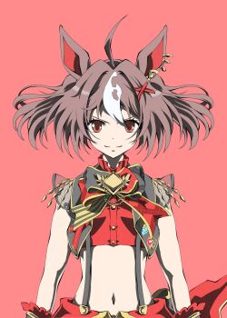 1girl ahoge animal_ears black_jacket bow breasts brown_eyes brown_hair closed_mouth cropped_shirt frilled_wristband gran_alegria_(smile_my_way!)_(umamusume) gran_alegria_(umamusume) hair_between_eyes hair_ornament highres horse_ears horse_girl jacket looking_at_viewer medium_hair midriff multicolored_hair navel open_clothes open_jacket red_shirt shirt shorts simple_background small_breasts smile solo suspender_shorts suspenders umamusume x_hair_ornament zukki_(bijitaru)