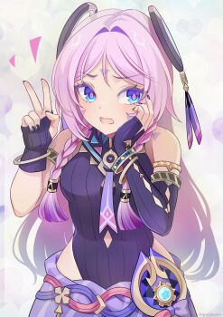 1girl 440_(straight440) absurdres armlet bangle bare_shoulders blue_eyes bracelet breasts citlali_(genshin_impact) commentary_request genshin_impact hand_up highres jewelry long_hair looking_at_viewer open_mouth pink_hair pink_pupils ring_hair_ornament small_breasts solo upper_body v very_long_hair