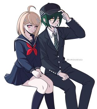 1boy 1girl adjusting_clothes adjusting_headwear ahoge akamatsu_kaede black_hat black_jacket black_pants black_serafuku black_shirt black_skirt black_socks blonde_hair brown_hair collarbone danganronpa_(series) danganronpa_v3:_killing_harmony feet_out_of_frame frown hair_between_eyes hair_ornament hairclip hat highres invisible_chair jacket kimioharuka kneehighs long_hair long_sleeves neckerchief necktie official_alternate_costume pants red_neckerchief saihara_shuichi school_uniform serafuku shirt simple_background sitting skirt socks striped_necktie white_background yellow_eyes