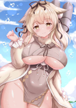 1girl :3 animal_ears azur_lane black_ribbon blonde_hair blue_sky blush breasts brown_coat brown_dress brown_eyes cleavage closed_mouth cloud coat commentary_request commission covered_navel day dress fur-trimmed_coat fur_trim hair_ribbon highres large_breasts lens long_sleeves looking_at_viewer minase_(azur_lane) no_panties outdoors pixiv_commission ribbon sky smile solo standing underboob water_drop xenon_(for_achieve)