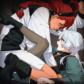 2girls asticassia_school_uniform baesong black_boots black_hairband black_pantyhose blue_eyes blush boots closed_mouth commentary_request green_jacket green_shorts grey_eyes gundam gundam_suisei_no_majo hairband jacket korean_commentary long_hair miorine_rembran multiple_girls open_mouth pantyhose red_hair school_uniform shorts stuck_in_a_box suletta_mercury sweat white_hair white_jacket white_shorts yuri