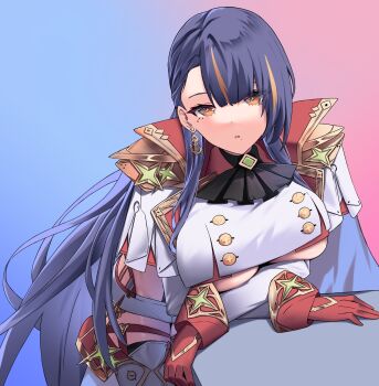 1girl absurdres anchor_earrings ascot asymmetrical_bangs azur_lane black_ascot blue_background breasts buttons clothing_cutout commentary double-breasted earrings gloves gradient_background highres jacket jewelry large_breasts leaning_forward long_hair long_sleeves looking_at_viewer mole mole_under_eye multicolored_hair orange_eyes orange_streaks pink_background purple_hair red_gloves seori solo streaked_hair symbol-only_commentary trafalgar_(azur_lane) two-tone_hair underboob underboob_cutout very_long_hair white_jacket