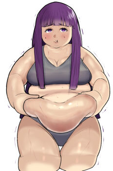 1girl belly belly_grab blunt_bangs blush breasts chubby_cheeks cleavage fat fat_woman fern_(sousou_no_frieren) grey_panties grey_sports_bra hime_cut lips long_hair medium_breasts muffin_top_sensei navel panties plump pout purple_eyes purple_hair sidelocks solo sousou_no_frieren sports_bra standing thigh_gap trembling underwear weight_gain white_background