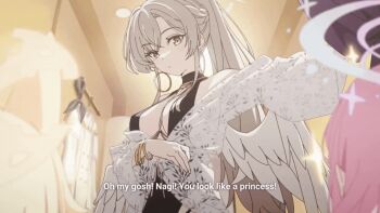 animated animated_gif bare_shoulders black_one-piece_swimsuit blonde_hair blue_archive breasts brown_eyes brown_hair changing_room clothing_cutout feathered_wings halo indoors large_breasts long_hair looking_at_viewer low_wings mika_(blue_archive) nagisa_(blue_archive) nagisa_(swimsuit)_(blue_archive) navel_cutout official_alternate_costume official_alternate_hairstyle official_art one-piece_swimsuit pink_hair pink_halo ponytail seia_(blue_archive) shirt sidelocks swimsuit white_halo white_shirt white_wings wings yellow_halo