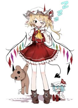 1girl :&lt; ankle_boots ascot blonde_hair boots brown_boots buttons character_doll closed_mouth collared_shirt commentary doll english_commentary flandre_scarlet frilled_skirt frills full_body hat hat_ribbon highres holding holding_stuffed_toy laevatein_(tail) long_hair one_eye_closed ougiikun puffy_short_sleeves puffy_sleeves red_ribbon red_skirt red_vest remilia_scarlet ribbon rubbing_eyes shirt short_sleeves simple_background skirt sleepy solo standing stuffed_animal stuffed_toy tail teddy_bear touhou vest white_background white_hat white_shirt wings wrist_cuffs yellow_ascot zzz
