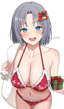 1girl :d bikini blue_eyes blush breasts cleavage commentary_request fur-trimmed_bikini fur_trim gift grey_hair highres holding holding_sack incoming_gift large_breasts looking_at_viewer navel open_mouth paid_reward_available red_bikini sack santa_bikini santa_costume senran_kagura smile solo surippa1010 swimsuit yumi_(senran_kagura)