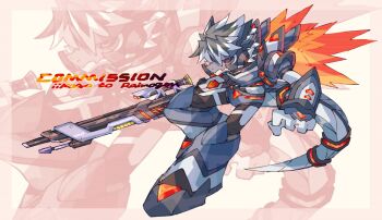 Rule 34 | commission, full body, grey armor, grey hair, grey tail, gun, highres, holding, holding gun, holding weapon, iikoao, multicolored hair, original, rifle, sniper rifle, solo focus, two-tone hair, weapon, zoom layer