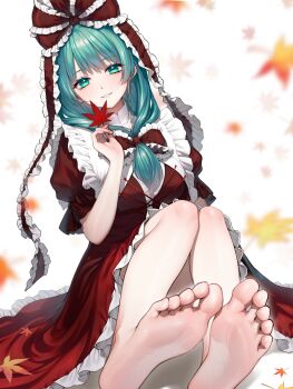 1girl barefoot blurry blurry_background bow collared_dress commentary_request dress feet foot_focus frilled_dress frilled_ribbon frills front_ponytail green_eyes green_hair hair_bow hair_ribbon highres holding holding_leaf kageharu kagiyama_hina leaf looking_at_viewer maple_leaf no_shoes puffy_short_sleeves puffy_sleeves red_bow red_dress red_ribbon ribbon short_sleeves sitting smile soles solo toes touhou white_background