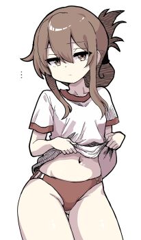 ... 1girl brown_eyes brown_hair buruma cowboy_shot expressionless folded_ponytail gym_uniform hair_between_eyes highres inazuma_(kancolle) jitome kantai_collection lifting_own_clothes looking_at_viewer navel red_buruma shirt short_hair solo stomach unagiman white_shirt