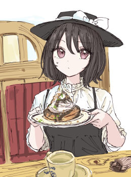 1girl apron black_apron black_hat bow brown_hair buttons chair closed_mouth cup dessert food hair_between_eyes hat hat_bow highres holding holding_plate indoors kashiwada_kiiho looking_at_viewer pink_eyes plate shirt short_hair simple_background sitting sleeves_rolled_up solo table teacup touhou usami_renko white_background white_bow white_shirt