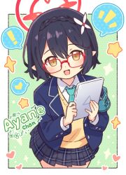 Rule 34 | !, 1girl, armband, ayane (blue archive), black hair, blue archive, blue jacket, blush, collared shirt, glasses, halo, heart, holding, holding tablet pc, jacket, long sleeves, looking at viewer, necktie, notice lines, onyhakase, open clothes, open jacket, open mouth, plaid, plaid skirt, pleated skirt, pointy ears, red-framed eyewear, school uniform, shirt, short hair, skirt, solo, sparkle, spoken exclamation mark, spoken heart, spoken notice lines, star (symbol), sweater vest, tablet pc, white shirt, yellow sweater vest