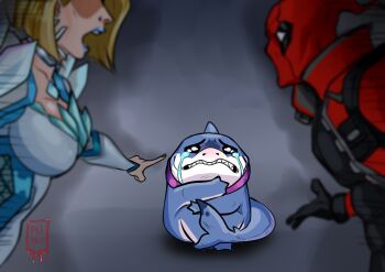 1boy 1girl absurdres arguing black_gloves blonde_hair blue_lips blue_nails blurry blurry_foreground collar commentary crying crying_with_eyes_open deadpool deadpool_(series) depth_of_field emma_frost english_commentary furry_parents_fighting_(meme) gloves highres jeff_(marvel) looking_at_another marvel marvel_rivals meme open_mouth pointing pointing_at_another profile purple_collar red_mask shark sharp_teeth short_hair superhero_costume tazahan tears teeth x-men