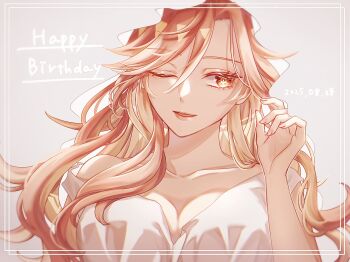 1girl alternate_costume breasts cleavage collarbone commentary_request cosplay crxcdj dated dress genshin_impact grey_background hair_between_eyes hand_up happy_birthday highres long_hair mavuika_(genshin_impact) multicolored_hair one_eye_closed orange_hair parted_lips red_eyes red_hair statue_of_the_seven statue_of_the_seven_(cosplay) symbol_in_eye two-tone_hair upper_body veil white_dress