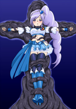 1girl aono_miki bdsm black_thighhighs blue_background blue_boots blue_shirt blue_skirt bondage boots bound clover_ornament crop_top cross cure_berry drill_hair earrings fresh_precure! frilled_skirt frills hair_ornament hairband heart heart_earrings heart_hair_ornament held_up highres jewelry long_hair magical_girl midriff miniskirt navel open_mouth precure puffy_short_sleeves puffy_sleeves purple_eyes purple_hair ryona sanipan10 screaming shirt short_sleeves side_drill side_ponytail skirt solo sunny-punch tentacles thighhighs tired