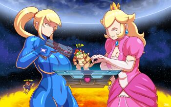 ! 2boys 2girls ? blaz_b._aros blonde_hair bodysuit bowser breasts captain_falcon f-zero final_destination_(smash_bros) giant giantess gloves gradient_background gun helmet highres huge_breasts large_breasts long_hair mario_(series) metroid metroid:_zero_mission multiple_boys multiple_girls navel nintendo ponytail princess_peach samus_aran spoken_exclamation_mark spoken_question_mark super_smash_bros. weapon zero_suit