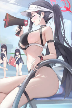3girls bikini black_bikini black_choker black_hair black_one-piece_swimsuit black_wings blue_archive blush breasts choker closed_eyes commentary_request competition_school_swimsuit feathered_wings halo highres holding holding_megaphone houraku ichika_(blue_archive) ichika_(swimsuit)_(blue_archive) justice_task_force_member_(blue_archive) large_breasts long_hair megaphone multiple_girls navel official_alternate_costume one-piece_swimsuit open_mouth ponytail poolside red_eyes red_halo school_swimsuit sideboob sitting small_breasts swimsuit textless_version thigh_strap twintails visor_cap wings