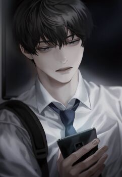 1boy aegyo_sal bag black_eyes black_hair black_necktie blackbox_(blackbox9158) collared_shirt exhausted glowing half-closed_eyes head_tilt highres holding holding_phone kim_dokja looking_at_phone male_focus necktie official_art omniscient_reader&#039;s_viewpoint phone shirt short_hair shoulder_bag solo third-party_source white_shirt