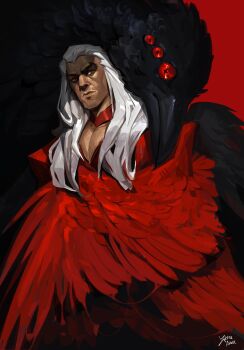 1boy artist_name beatrice_(league_of_legends) closed_mouth grey_hair highres league_of_legends long_hair looking_at_viewer male_focus red_background red_eyes solo swain_(league_of_legends) wings zetta_aznec
