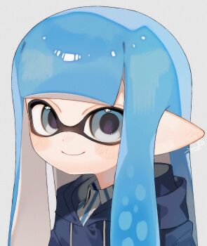 Rule 34 | 1girl, blue eyes, blue hair, blue hoodie, closed mouth, collared shirt, commentary request, dot nose, highres, hood, hoodie, inkling, inkling girl, inkling player character, long hair, looking at viewer, nintendo, pointy ears, sabata saba, shirt, simple background, smile, solo, splatoon (series), splatoon 3, tentacle hair, upper body, white background