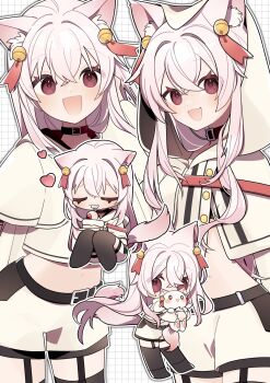 Rule 34 | 1girl, animal ears, bell, belt, cat ears, cat girl, cat tail, chibi, chibi inset, commentary request, commission, cropped hoodie, hair bell, hair ornament, highres, hood, hoodie, indie virtual youtuber, long hair, long sleeves, looking at viewer, midriff, multiple views, nkgmgs, open mouth, pink eyes, pink hair, second-party source, shorts, skeb commission, solo, sumomo moko (vtuber), tail, virtual youtuber, white hoodie, white shorts