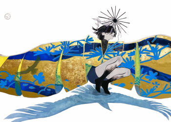 1girl absurdres bird black_hair commentary_request full_body halo highres japanese_clothes kimono looking_at_viewer original outstretched_arms print_kimono purple_eyes shiguretau short_hair sideways_glance solo spread_arms squatting traditional_media