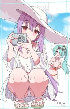2girls absurdres aqua_eyes aqua_hair atsuko_(blue_archive) bare_legs bikini blue_archive blue_hair blue_sky blush breasts camera cleavage commentary_request dated eyewear_on_head foolforpriconne frilled_bikini frills green_eyes halo hat highres hiyori_(blue_archive) holding holding_camera jacket large_breasts long_hair looking_at_viewer multiple_girls navel official_alternate_costume one_eye_covered open_mouth orange_bikini parted_lips purple_hair red_eyes sandals see-through_clothes see-through_jacket side_ponytail signature sky smile squatting stomach sunglasses swimsuit toenails toes white_bikini white_hat white_jacket yellow_bikini