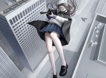 1girl black_cape black_eyes black_hair black_shoes blue_skirt building cape chinese_commentary commentary_request covered_mouth day floating_hair gas_mask gun hat highres holding holding_gun holding_weapon kneehighs long_hair long_sleeves mask midair miniskirt original outdoors pleated_skirt school_uniform shirt shoes skirt skyscraper socks solo suppressor unworn_hat unworn_headwear urban weapon weapon_request white_shirt white_socks witch_hat zorhua