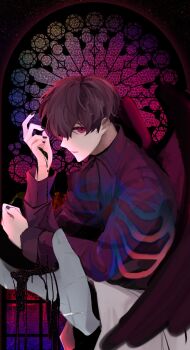 Rule 34 | 1boy, backlighting, black nails, black shirt, black wings, collared shirt, commentary request, corruption, feathered wings, hand up, hayu beck, highres, in palm, kim dokja, korean commentary, looking at viewer, male focus, omniscient reader's viewpoint, red eyes, ribs, shirt, skeleton, stained glass, statue, wings, x-ray, yoo joonghyuk