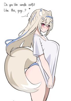 Rule 34 | 1girl, absurdres, animal ears, bandaid, bandaid hair ornament, blonde hair, blue hair, blue hairband, blue panties, blush, breasts, closed mouth, commentary, dog ears, dog girl, dog tail, english commentary, fuwawa abyssgard, hair ornament, hairband, hairclip, heart, highres, hololive, hololive english, large breasts, layunaart, long hair, multicolored hair, panties, pink eyes, shirt, shirt tug, short sleeves, simple background, solo, speech bubble, streaked hair, tail, thighs, two-tone hair, underwear, virtual youtuber, white background, white shirt, yellow tail