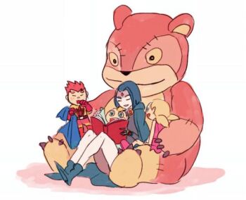2boys 2girls bear bindi bobby_(dc) book cape cartoon_network child dc_comics melvin multiple_boys multiple_girls open_book pixiv_sample raven_(dc) reading sitting superhero_costume teen_titans teether timmy_tantrum twintails