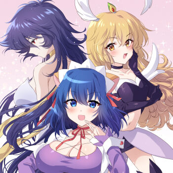 3girls animal_ears awayuki_ramika bare_shoulders black_gloves black_hair blonde_hair blue_eyes blue_hair blush breasts choker cleavage closed_mouth collarbone crossover cutie_honey cutie_honey_flash elbow_gloves facing_to_the_side facing_viewer feather_hair_ornament feathers gloves hair_between_eyes hair_ornament hair_ribbon hand_on_own_cheek hand_on_own_face hand_up highres kokubunji_koyori large_breasts long_hair looking_at_viewer looking_to_the_side magical_girl mahou_shoujo_pretty_sammy maid maid_headdress medium_breasts medium_hair midriff misty_honey_(flash) multiple_crossover multiple_girls navel neck_ribbon nurse_witch_komugi-chan open_mouth pink_background pixy_misa red_eyes red_ribbon ribbon ribbon_choker scarf small_breasts smile yellow_eyes yellow_scarf