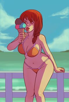 Rule 34 | 1girl, beach, bikini, braid, braided ponytail, breasts, cleavage, eating, fence, fire emblem, fire emblem: three houses, food, ice cream, ice cream cone, large breasts, leaning forward, leonie pinelli, leonie pinelli (timeskip), licking, midriff, navel, nintendo, ocean, orange eyes, orange hair, outdoors, skindentation, solo, swimsuit, tongue, tongue out