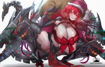 1girl alternate_costume armored_boots black_thighhighs blush boots breasts brown_bag commentary dragon_tail dragon_wings english_commentary goddess_of_victory:_nikke hair_between_eyes hat highres holding holding_sack large_breasts long_hair looking_at_viewer mechanical_tail mechanical_wings mixed-language_commentary navel nightsliice257 nihilister_(nikke) pelvic_curtain red_eyes red_hair sack santa_hat simple_background smile solo spread_legs squatting tail thigh_boots thighhighs white_background wings