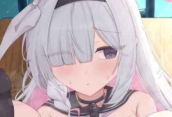 Rule 34 | 1girl, absurdres, averting eyes, black choker, black eyes, black hairband, black sailor collar, blue archive, blush, braid, choker, close-up, colored inner hair, commentary request, eyes visible through hair, grey hair, hair over one eye, hairband, highres, kabomeel lse, long hair, multicolored hair, neckerchief, parted lips, pink hair, pink pupils, plana (blue archive), red pupils, ribbon, sailor collar, solo, sweat, two-tone hair, white hair, white ribbon