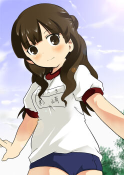 1girl blue_sky brown_hair buruma gym_uniform mitsudomoe_(manga) sky sugisaki_marina