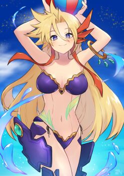 1girl arms_up ball beachball bikini blonde_hair blush breasts closed_mouth commentary_request hair_between_eyes highres holding holding_ball holding_beachball large_breasts long_hair looking_at_viewer marty_(mega_man) mega_man_(series) mega_man_x_(manga) mega_man_x_(series) navel purple_bikini smile solo swimsuit tobitori very_long_hair